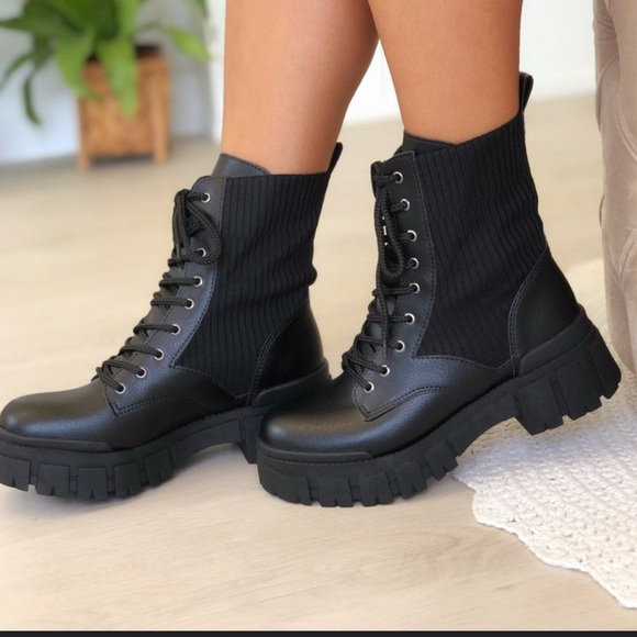 Call It Spring Black Ribbed Combat Boots - Picture 1 of 7
